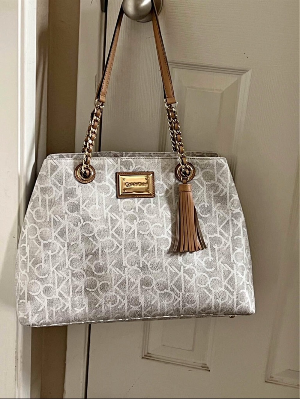 Calvin Klein Ivory Logo Shoulder Bag with Tassel